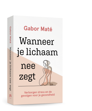 omslag van 'Wanneer je lichaam nee zegt' van Gabor Maté. Een witte achtergrond met een schuin aflopend lichtroze vlak daaroverheen. Een lijnfiguur van een vrouw staat onder de grote grafische titel