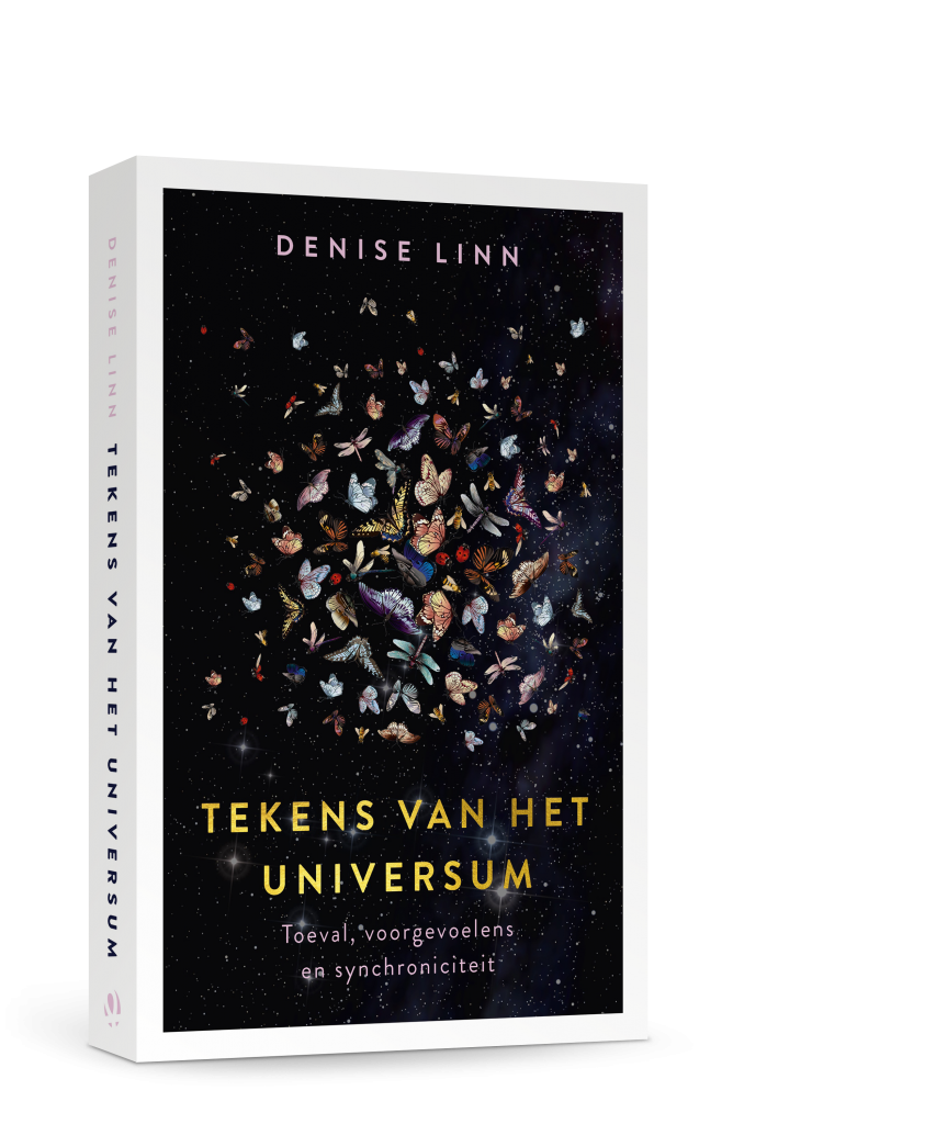 omslag van Tekens van het universum van Denise Linn. Donker universum met fladderende vogels, insecten en vlinders