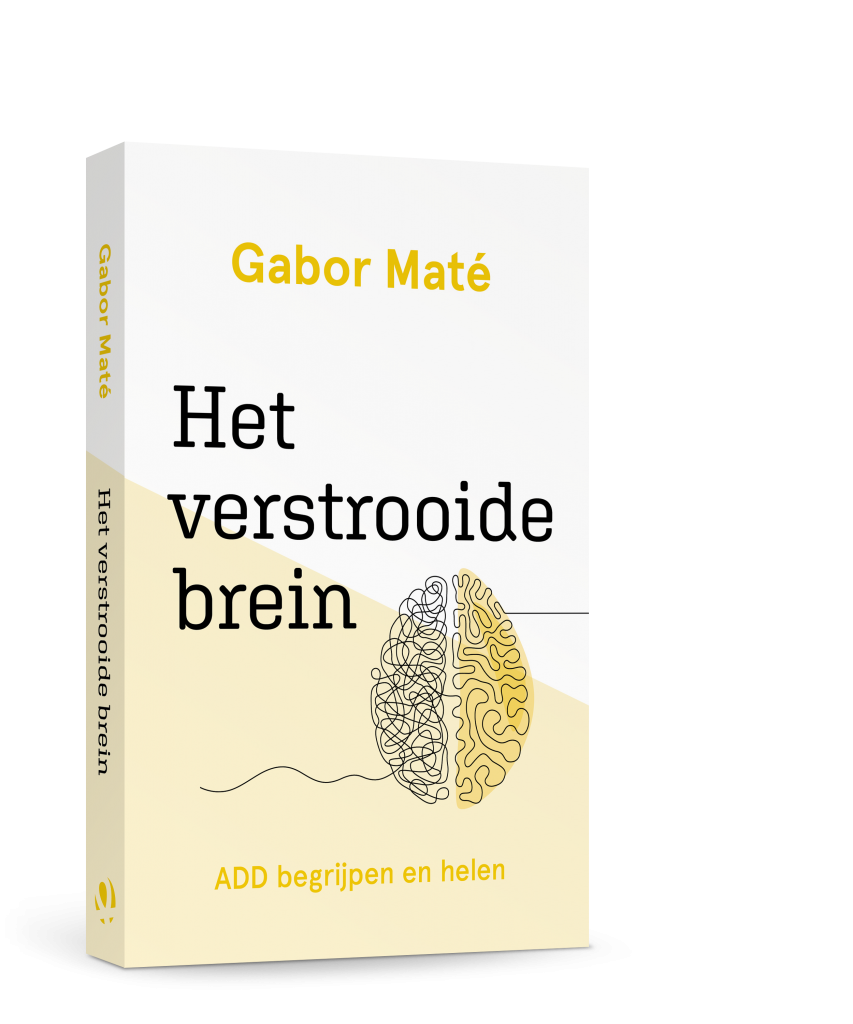 Omslag van Het verstrooide brein van Gabor Maté. Lijnafbeelding van hersenen van bovenaf gezien, de linker helft is een rommeltje en de rechter helft is op orde.