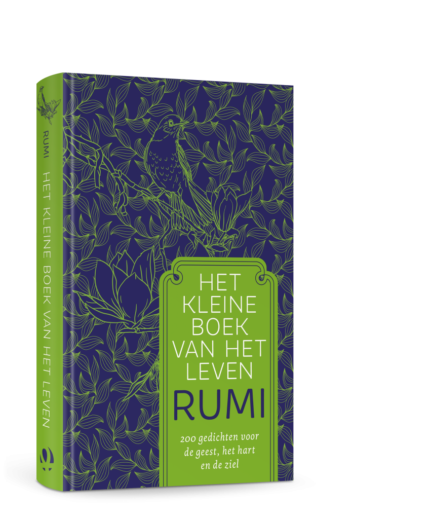 3D-cover van Het kleine boek van het leven van Rumi. Blauwe achtergrond waartegen een groen bloemenmotief (en een vogel) geplaatst is