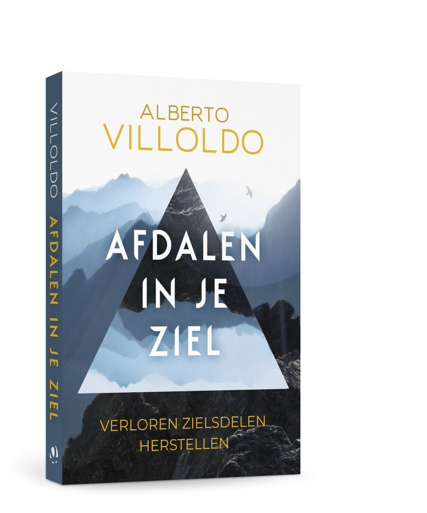 3D-cover van Afdalen in je ziel door Alberto Villoldo. Op de achtergrond een berglandschap waaruit een driehoekig stuk geknipt en 180 graden gedraaid is.