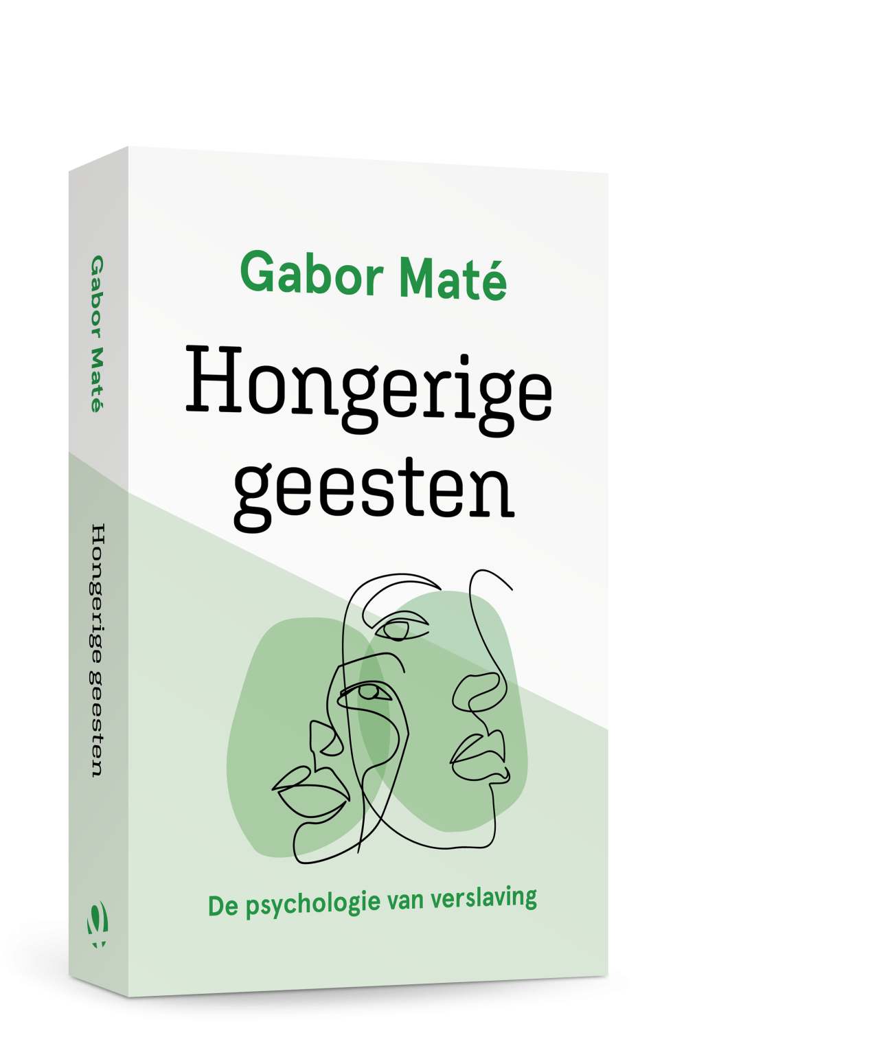 Op de afbeelding is de cover van 'Hongerige geesten' te zien. De bovenkant van de voorkant is wit. Op de helft is een diagonale lijn te zien die de bovenkant van de onderkant scheidt. De onderkant is lichtgroen. Op de onderkant staan ook twee abstracte gezichten afgebeeld. Bovenin is de naam van de auteur, Gabor Maté, in het groen afgebeeld. Daaronder in het zwart is de titel in grote letters te lezen. Aan de onderkant, onder de abstracte gezichten, is de ondertitel 'De psychologie van verslaving' te lezen. 