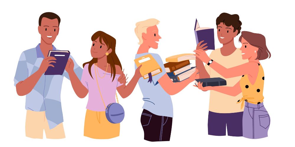 Illustratie van een groep van 5  mensen met boeken in hun handen die het met elkaar lijken te bediscussiëren