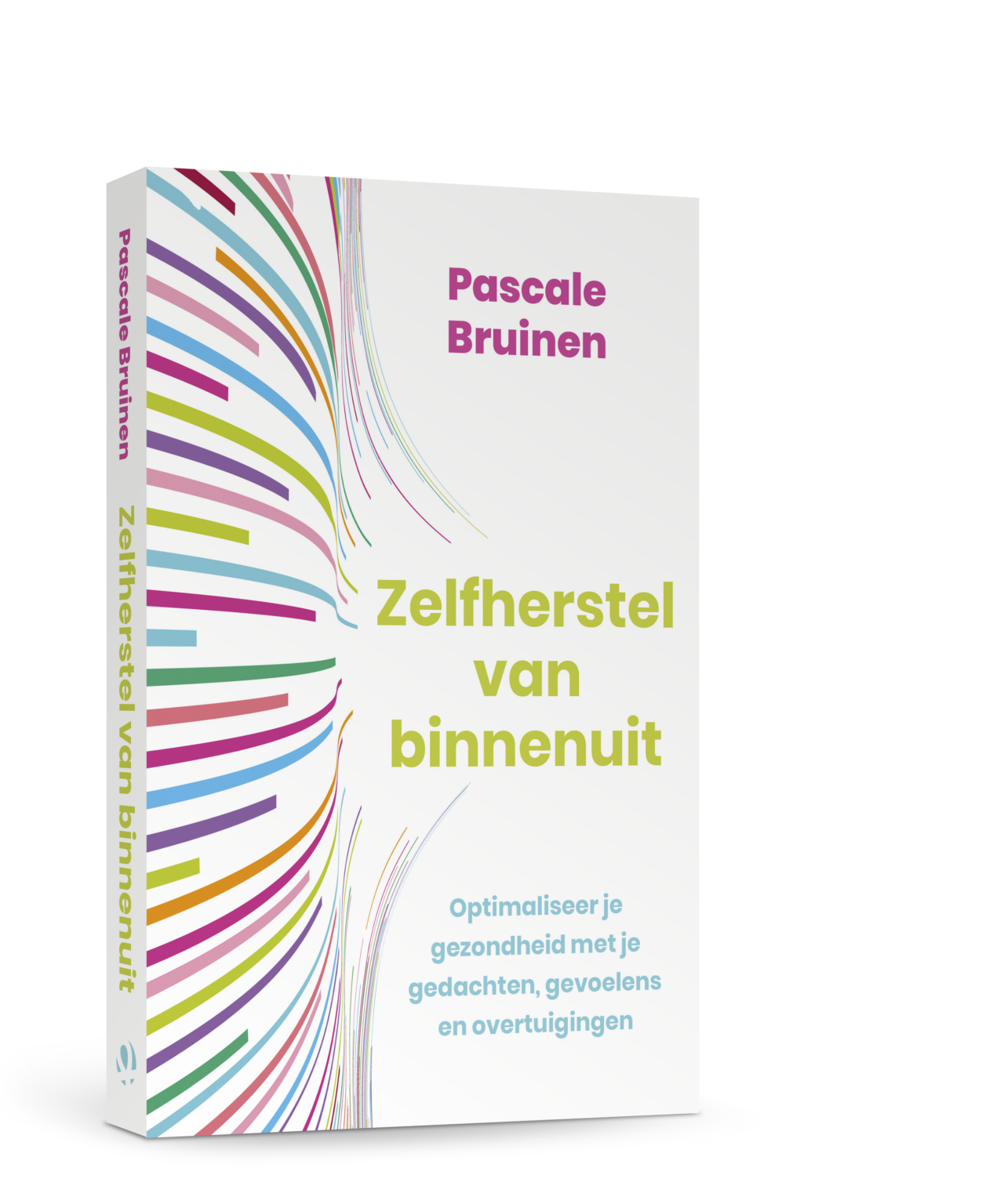 Op de afbeelding is het omslag van Zelfherstel van binnenuit te zien. Het boek heeft een wit omslag, met gekleurde lijnen aan de linkerkant. In het midden is in limegroen de titel te lezen. Onderaan het omslag is in blauwe letters de ondertitel te lezen en helemaal bovenin vind je in roze letters de naam van de auteur. 