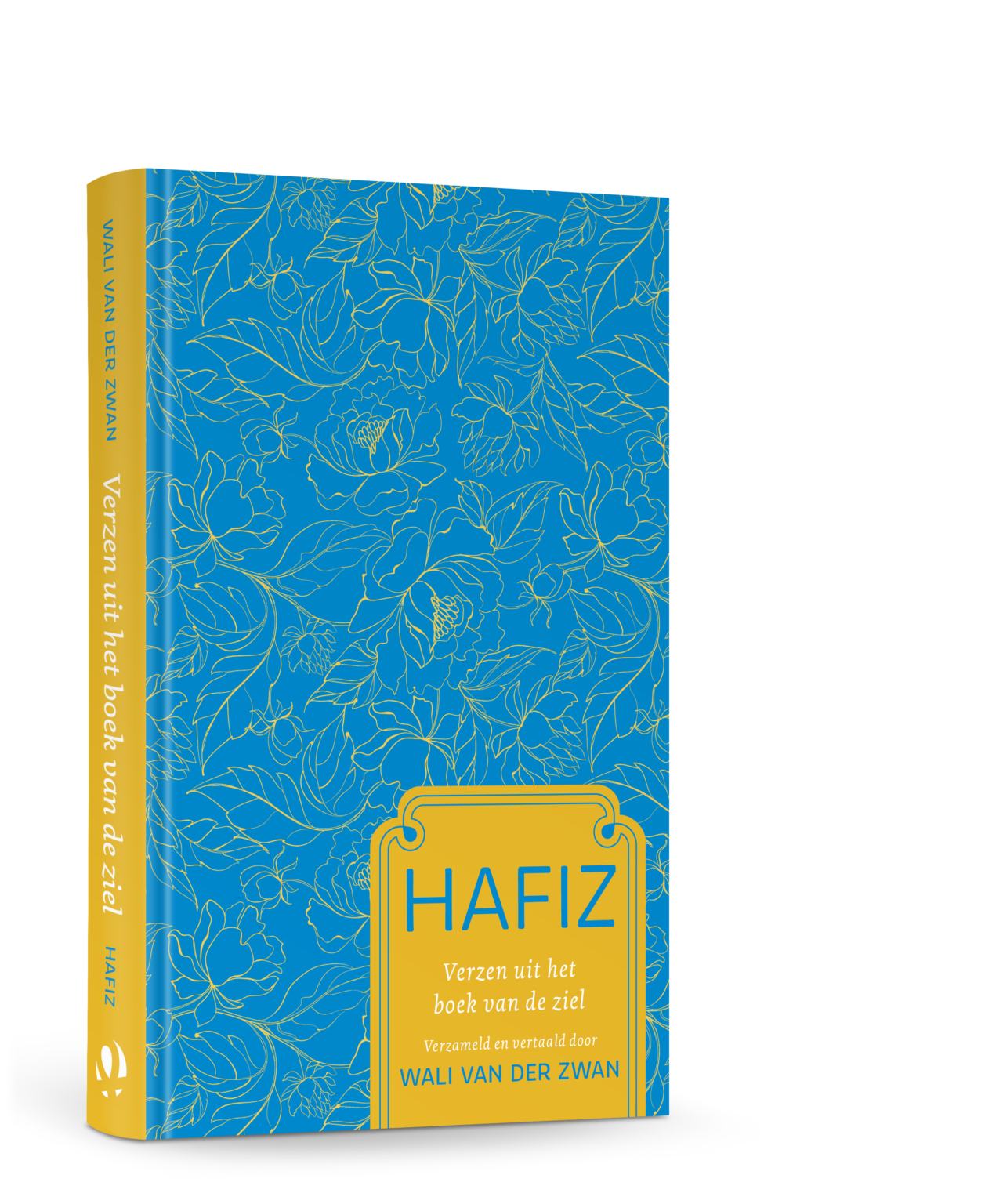 3D-versie van de cover van Hafiz - Verzen uit het boek van de ziel. De cover is lichtblauw met een geel bloempatroon. Rechtsonderin een geel vlak met daarin titel, auteursnaam en de naam van de vertaler: Wim van der Zwan.