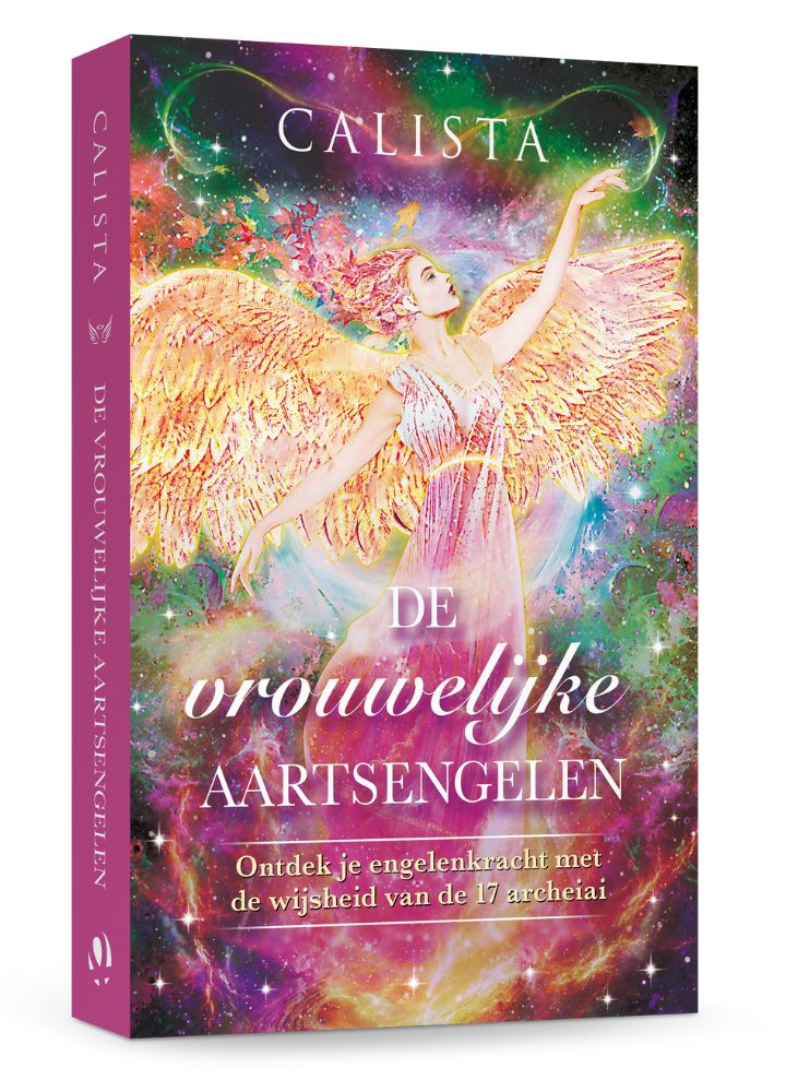 Cover van de vrouwelijke aartsengelen met een vrouwelijke aartsengel op de voorkant ter illustratie. Veel roze, groen en wat goud als kleuren. 