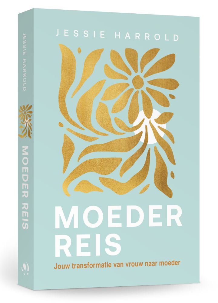 Blauwe cover met een gouden illustratie dat op bloemen lijkt. De titel van het boek heet Moederreis en heeft witte letters. 